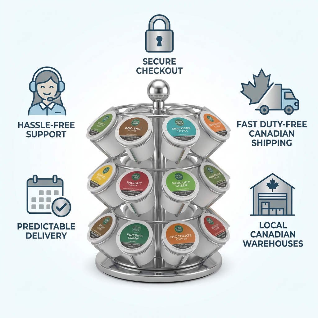 A clean trust and authority infographic for the Keurig K-Cup Pod Carousel. The product is centered, surrounded by five icons: a lock for secure checkout, a maple leaf truck for fast duty-free Canadian shipping, a headset for hassle-free support, a calendar for predictable delivery, and a warehouse for local Canadian warehouses.