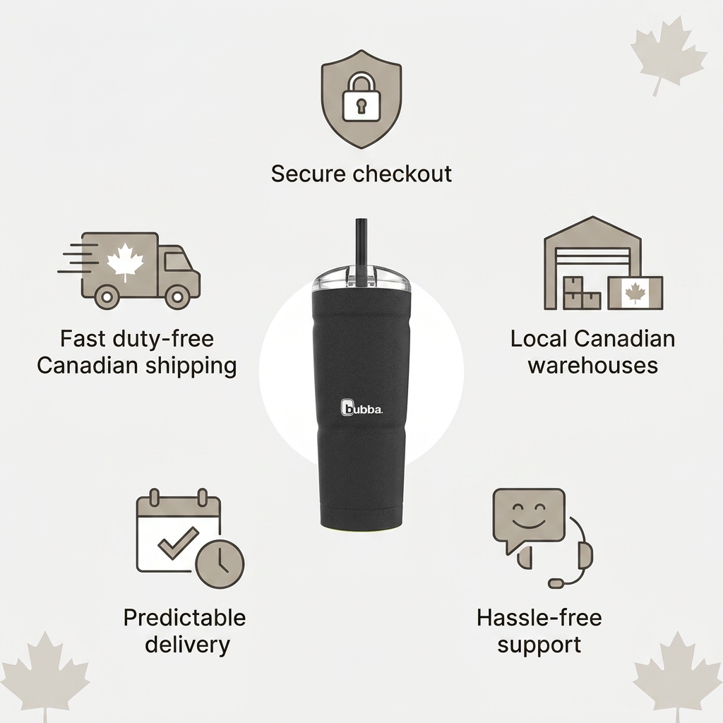 A clean e-commerce trust infographic for the bubba Envy S Stainless Steel Tumbler, featuring a central product image surrounded by five icons and short text cues: "Secure checkout," "Fast duty-free Canadian shipping," "Local Canadian warehouses," "Predictable delivery," and "Hassle-free support."