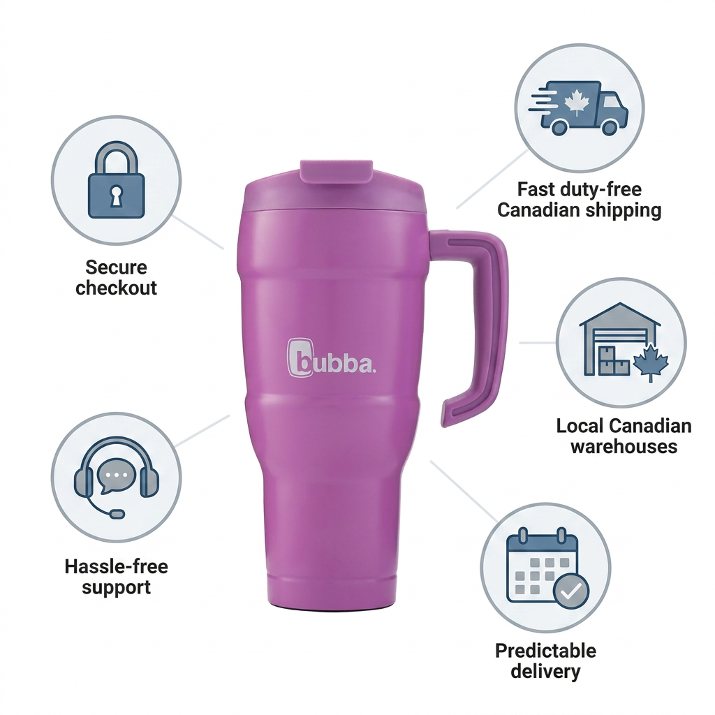 A central magenta Bubba Hero XL tumbler is surrounded by five trust icons: a padlock for 'Secure checkout', a truck with a maple leaf for 'Fast duty-free Canadian shipping', a warehouse with a maple leaf for 'Local Canadian warehouses', a calendar with a checkmark for 'Predictable delivery', and a headset for 'Hassle-free support'. The design is clean and professional.