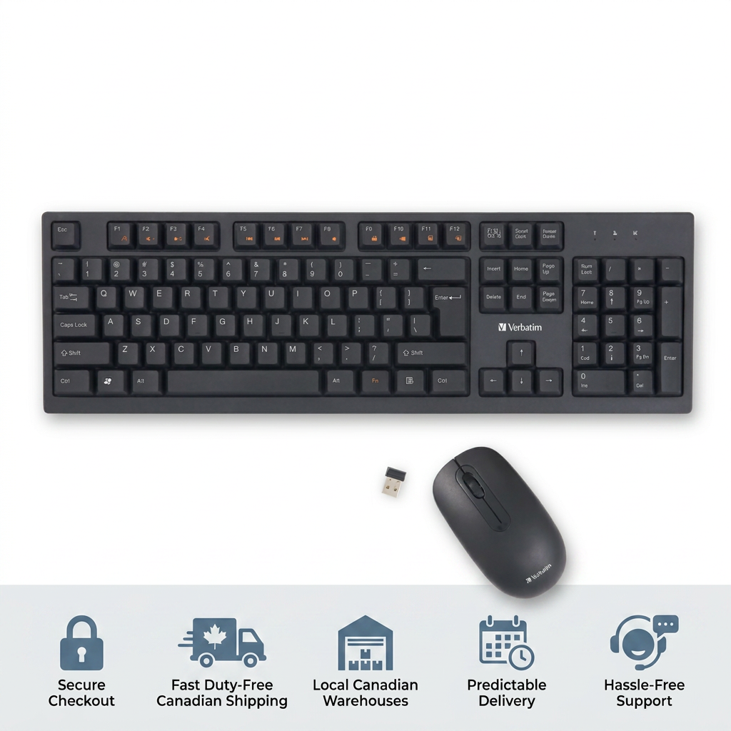 Verbatim Wireless Keyboard and Mouse (70724) infographic with icons and text for secure checkout, fast Canadian shipping, local warehouses, predictable delivery, and support.