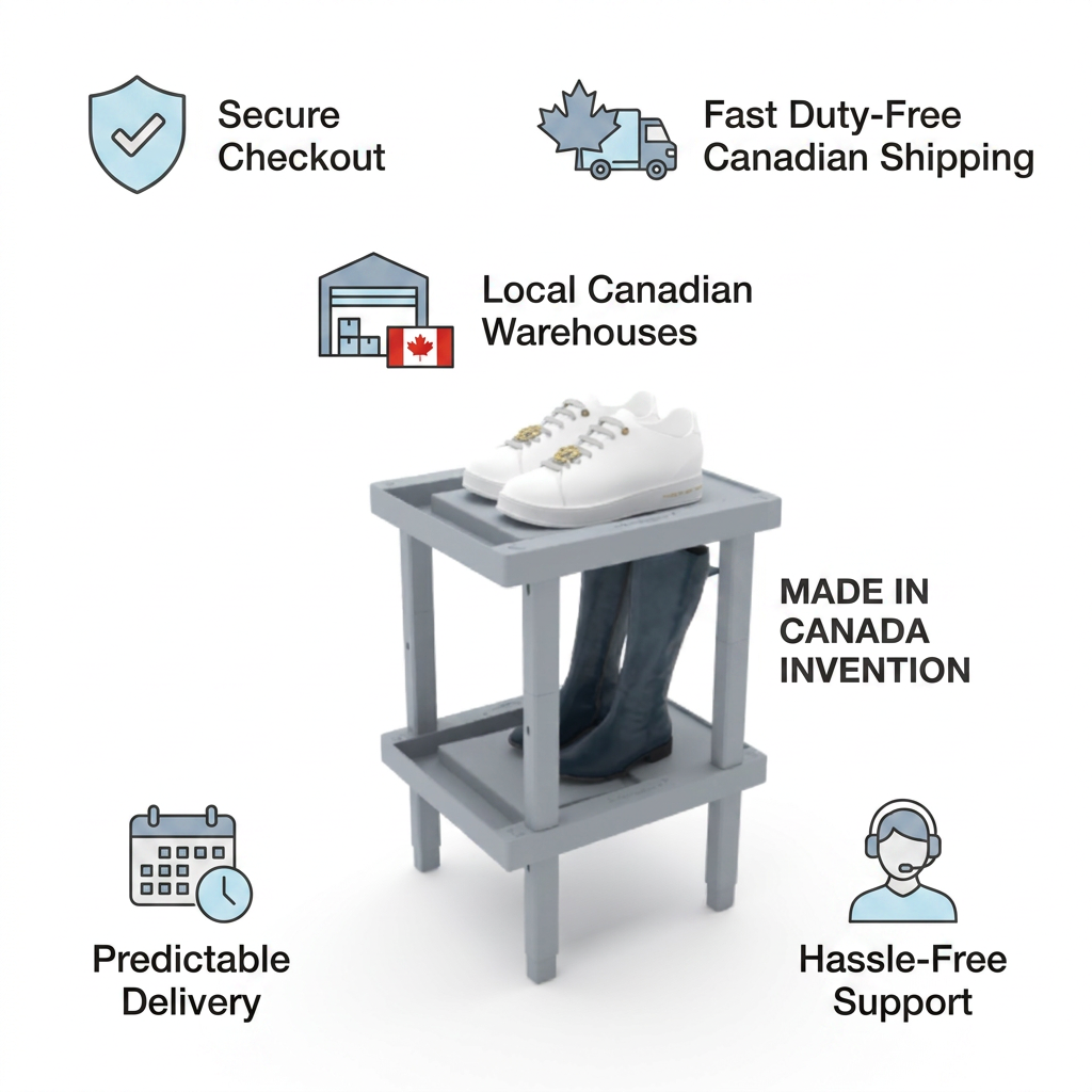 A trust and authority infographic featuring the Rakabot LOCKER 2 tier rack from the reference image with shoes and boots. Surrounding the product are icons and text for Secure Checkout, Fast Duty-Free Canadian Shipping, Local Canadian Warehouses, Predictable Delivery, and Hassle-Free Support. A "Made in Canada Invention" label is also present. The overall aesthetic is clean and brand-aligned.