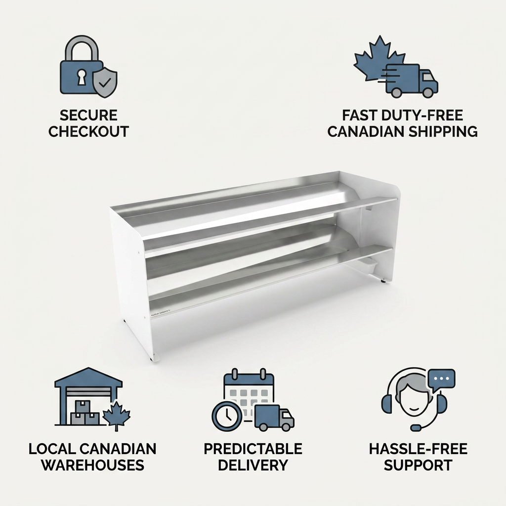 A trust and authority infographic for the RAKABOT Titan boot rack, featuring a central product visual and five icon-based cues: Secure Checkout, Fast Duty-Free Canadian Shipping, Local Canadian Warehouses, Predictable Delivery, and Hassle-Free Support.