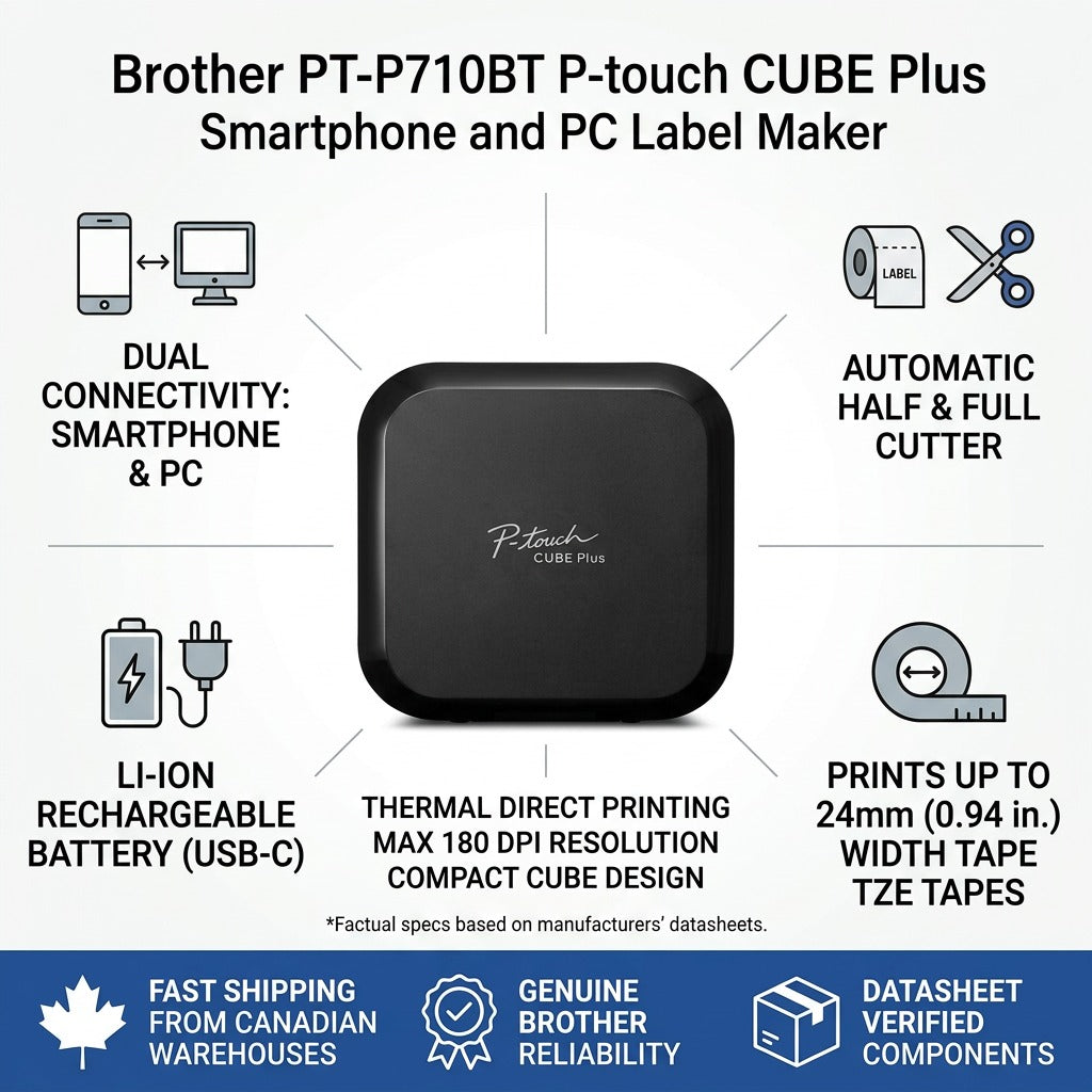 Brother PT-P710BT P-touch CUBE Plus feature list with icons for wireless, battery, and 24mm tape.