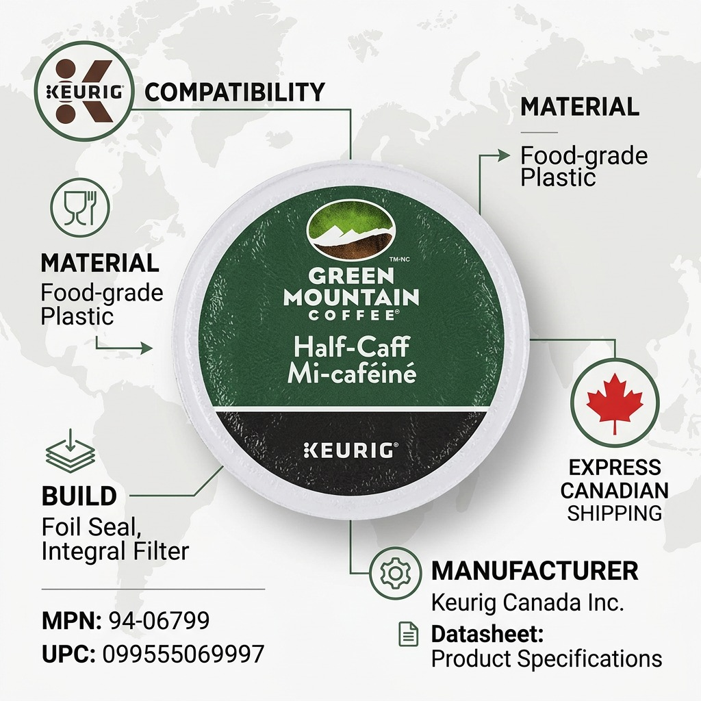 Trustworthy Green Mountain Half-Caff K-Cup info-matrix with specifications and quick Canadian delivery.