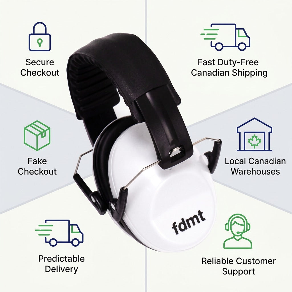 White fdmt protective earmuffs shown with trust icons highlighting shipping and customer support.