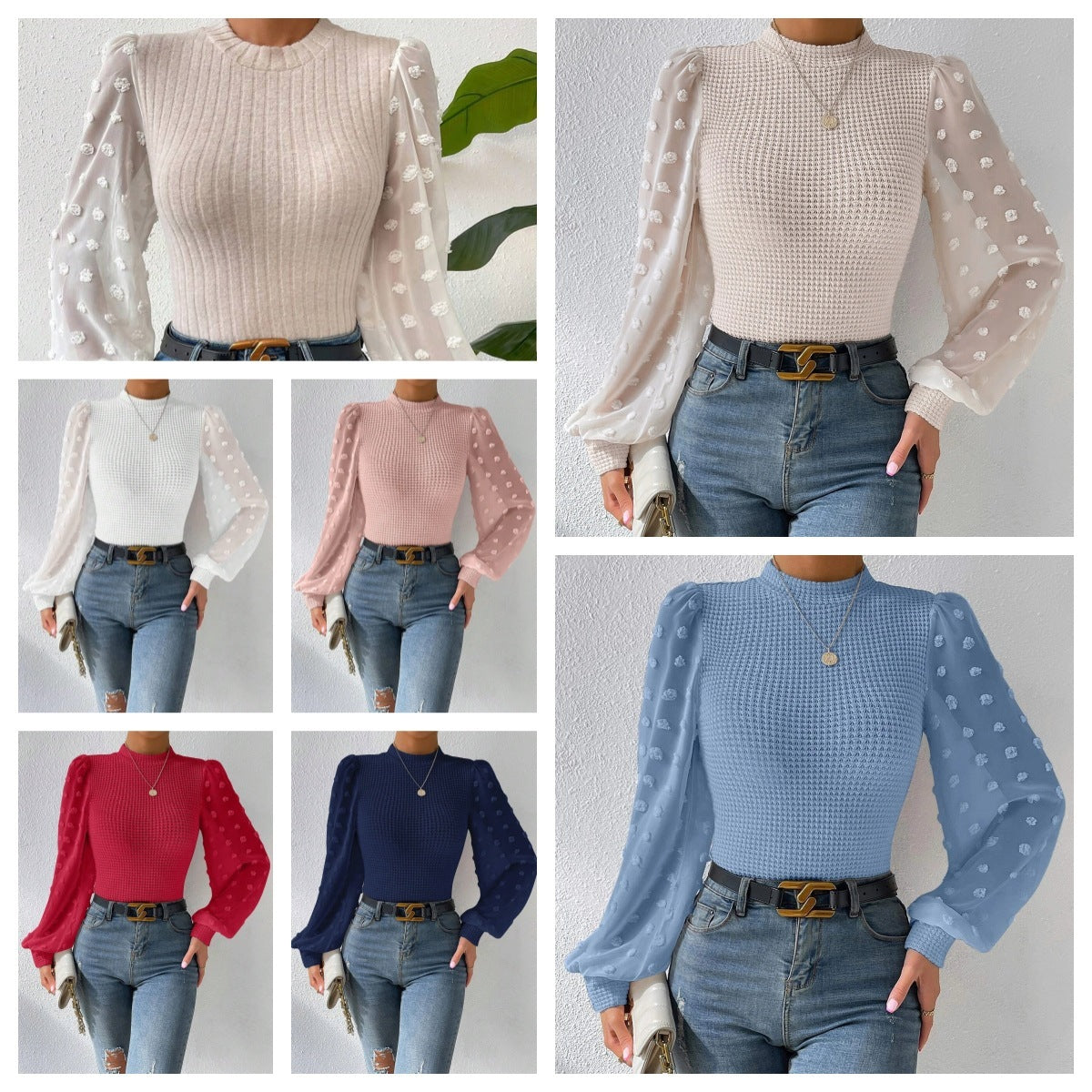 Pull à manches longues et col rond en tricot pour femme