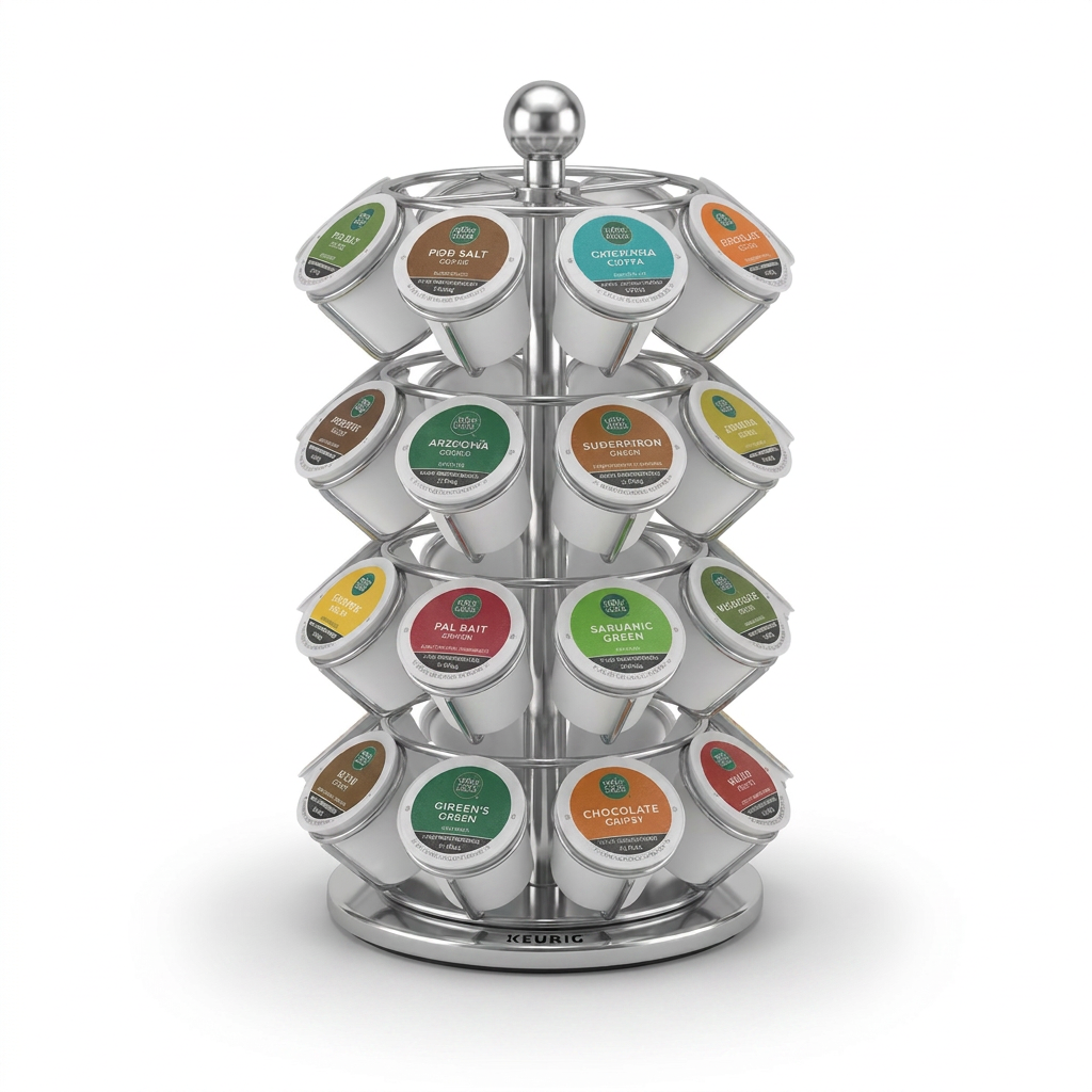 A high-resolution studio shot of the Keurig K-Cup Pod Carousel (75-36841) on a pure white background, filled with various colored coffee pods. The Keurig logo is visible on the chrome base.