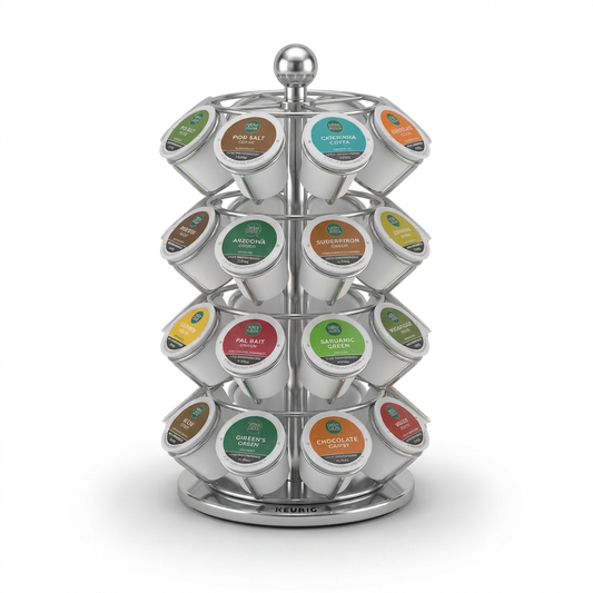 A high-resolution studio shot of the Keurig K-Cup Pod Carousel (75-36841) on a pure white background, filled with various colored coffee pods. The Keurig logo is visible on the chrome base.
