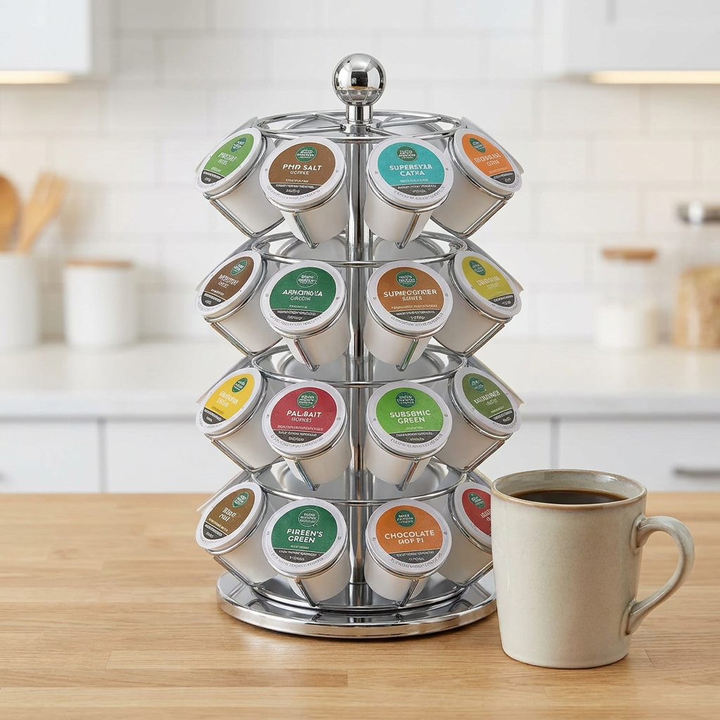 A lifestyle photograph of the chrome Keurig K-Cup Pod Carousel on a wooden kitchen counter, next to a standard coffee mug to show its size. The carousel is fully stocked with assorted pods, and the background is a blurred modern kitchen.