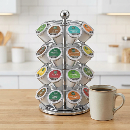 A lifestyle photograph of the chrome Keurig K-Cup Pod Carousel on a wooden kitchen counter, next to a standard coffee mug to show its size. The carousel is fully stocked with assorted pods, and the background is a blurred modern kitchen.