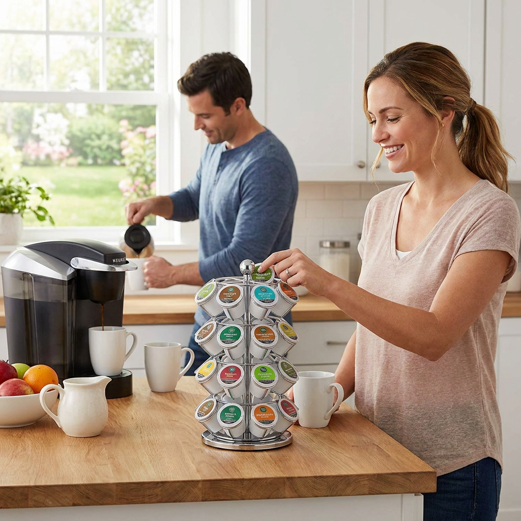 A couple in a bright kitchen, with the woman selecting a K-Cup from the full Keurig carousel and the man using a Keurig machine.