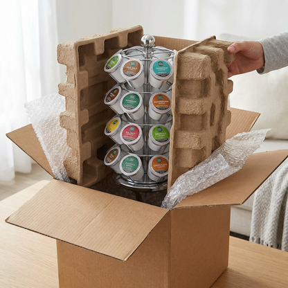 A person unboxes a Keurig® K-Cup® Pod Carousel from protective molded pulp and bubble wrap in a cardboard box.