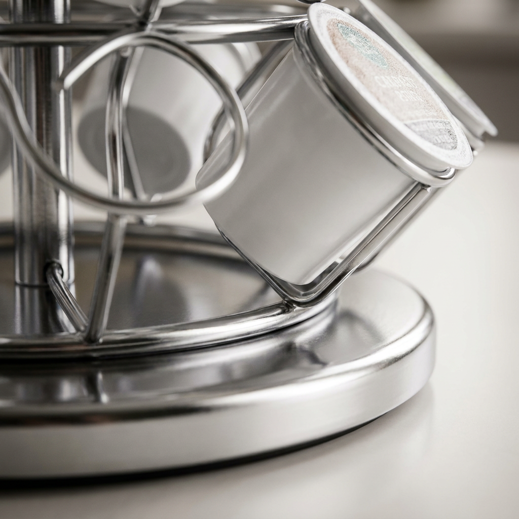 A close-up shot of the polished chrome base and wire pod holders of the Keurig K-Cup carousel.