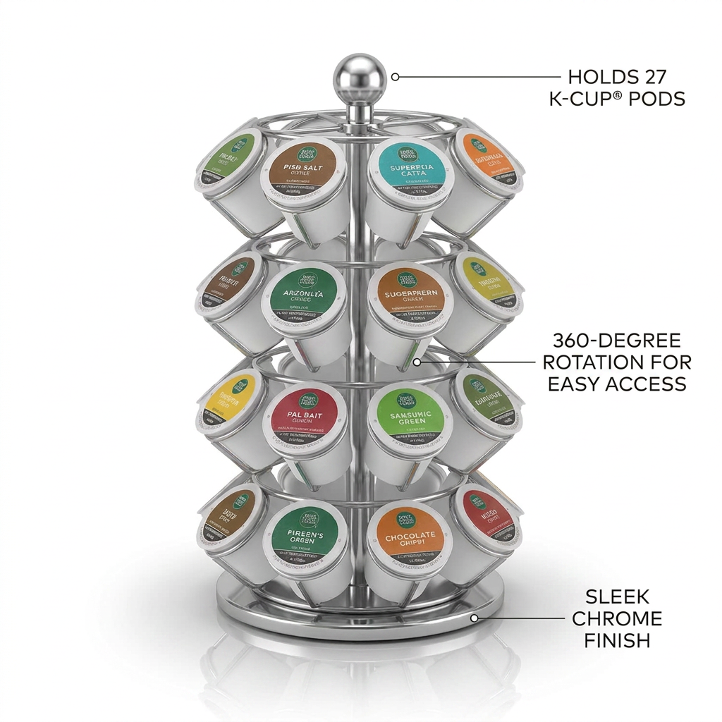Keurig K-Cup Pod Carousel feature graphic on a white background. Three callout lines with pointers and text highlight key features: "HOLDS 27 K-CUP® PODS", "360-DEGREE ROTATION FOR EASY ACCESS", and "SLEEK CHROME FINISH". The carousel is fully loaded with various K-Cup pods.