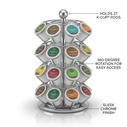 Keurig K-Cup Pod Carousel feature graphic on a white background. Three callout lines with pointers and text highlight key features: "HOLDS 27 K-CUP® PODS", "360-DEGREE ROTATION FOR EASY ACCESS", and "SLEEK CHROME FINISH". The carousel is fully loaded with various K-Cup pods.