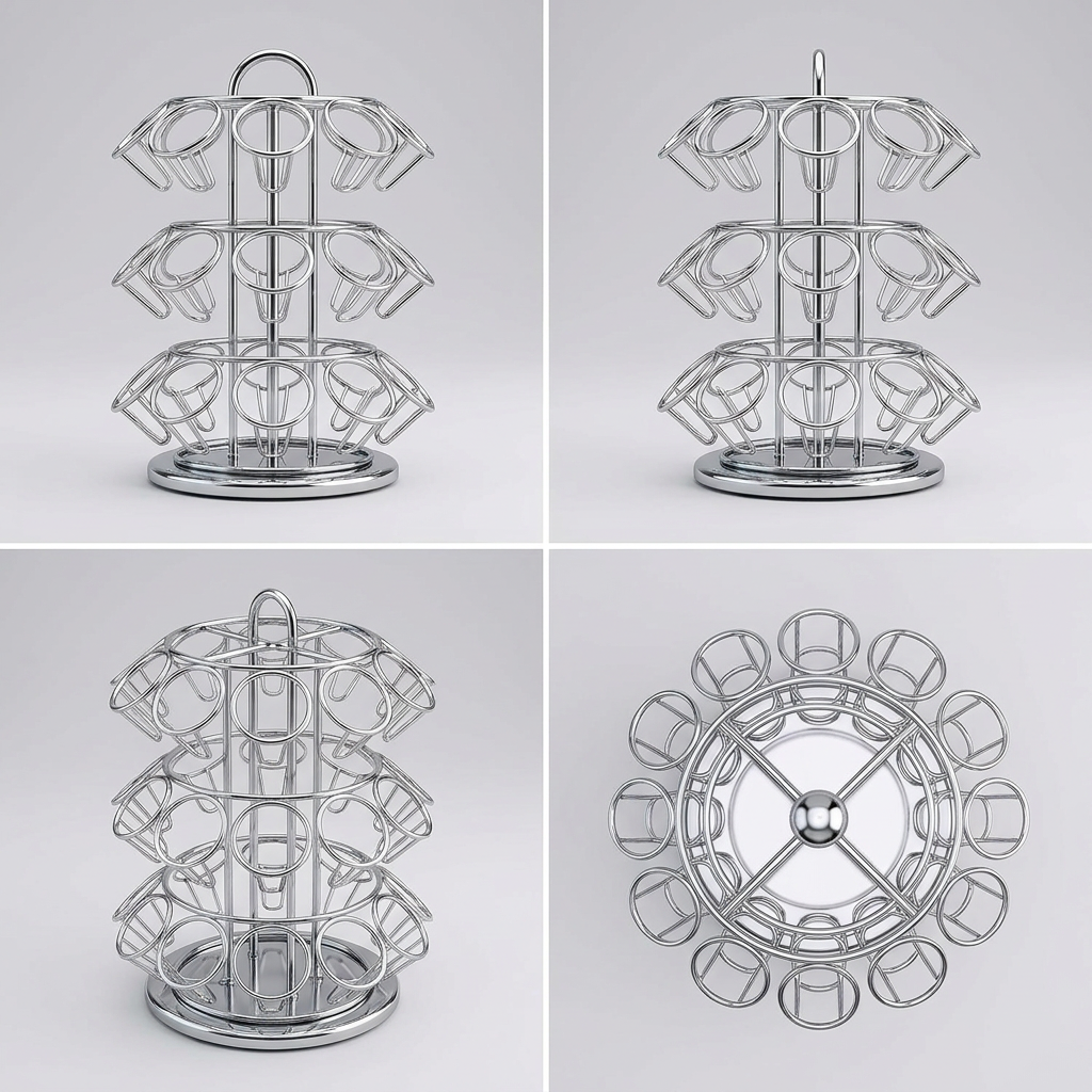 A premium e-commerce grid visual matrix showing four black and white views of the empty Keurig Pod Carousel.