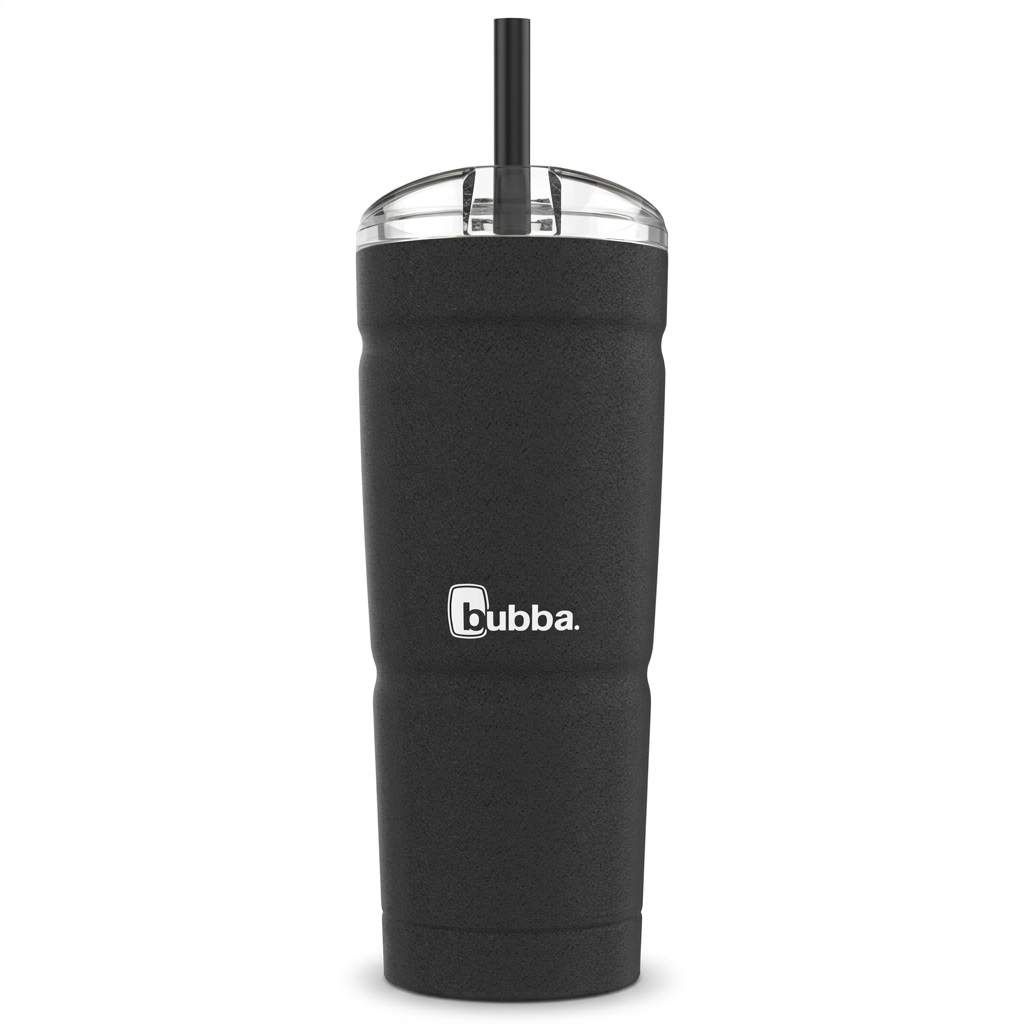 A high-resolution hero shot of the black Bubba Envy S Stainless Steel Tumbler, 24 oz (709 ml), with a straw lid, isolated on a pure white background.