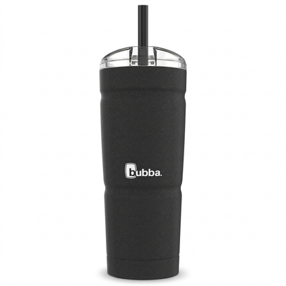 A high-resolution hero shot of the black Bubba Envy S Stainless Steel Tumbler, 24 oz (709 ml), with a straw lid, isolated on a pure white background.