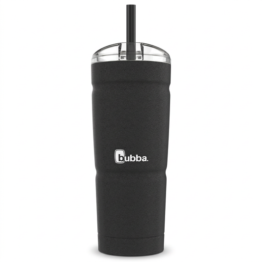 A high-resolution hero shot of the black Bubba Envy S Stainless Steel Tumbler, 24 oz (709 ml), with a straw lid, isolated on a pure white background.