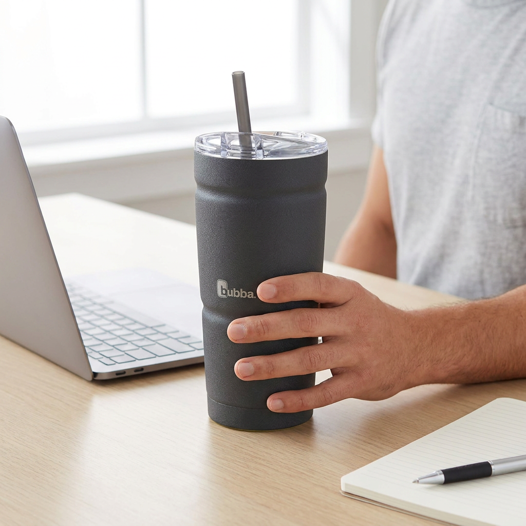 A hand holds the Bubba Envy S tumbler, showing its 24 oz scale next to a laptop on a desk.