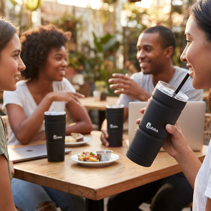 A lifestyle photograph shows a diverse group of four people laughing on a sunny cafe patio, with one woman in the foreground drinking from the black Bubba Envy S Stainless Steel Tumbler. Three other Bubba tumblers are on the wooden table.