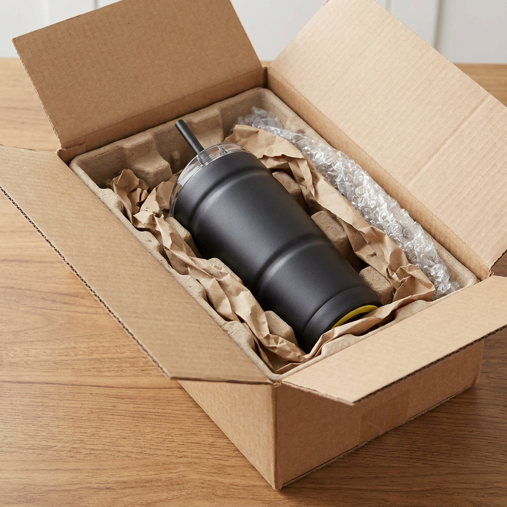 The black Bubba Envy S tumbler is securely packed inside a cardboard shipping box with a protective molded pulp insert and crinkled brown paper.