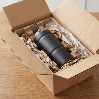 The black Bubba Envy S tumbler is securely packed inside a cardboard shipping box with a protective molded pulp insert and crinkled brown paper.