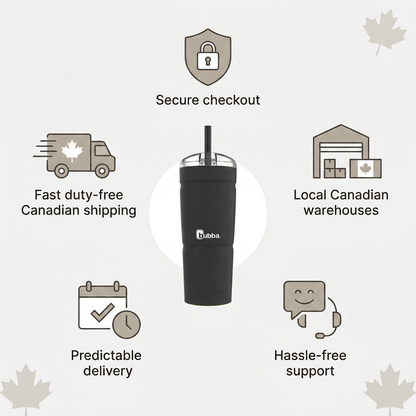 A clean e-commerce trust infographic for the bubba Envy S Stainless Steel Tumbler, featuring a central product image surrounded by five icons and short text cues: "Secure checkout," "Fast duty-free Canadian shipping," "Local Canadian warehouses," "Predictable delivery," and "Hassle-free support."