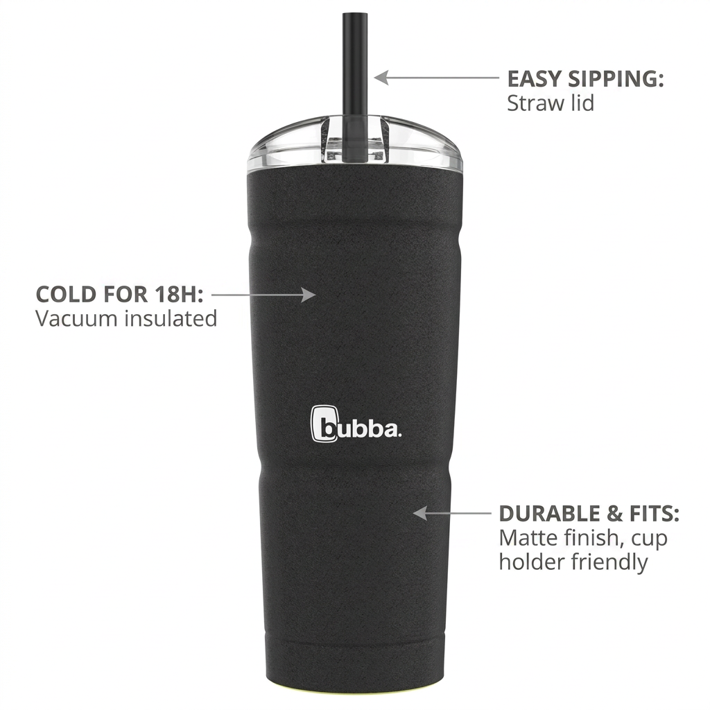 A feature matrix graphic of the black bubba Envy S tumbler, with pointers highlighting the straw lid as "EASY SIPPING," the vacuum insulated body as "COLD FOR 18H," and the matte finish that is "DURABLE & FITS," on a white background.