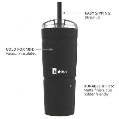 A feature matrix graphic of the black bubba Envy S tumbler, with pointers highlighting the straw lid as "EASY SIPPING," the vacuum insulated body as "COLD FOR 18H," and the matte finish that is "DURABLE & FITS," on a white background.