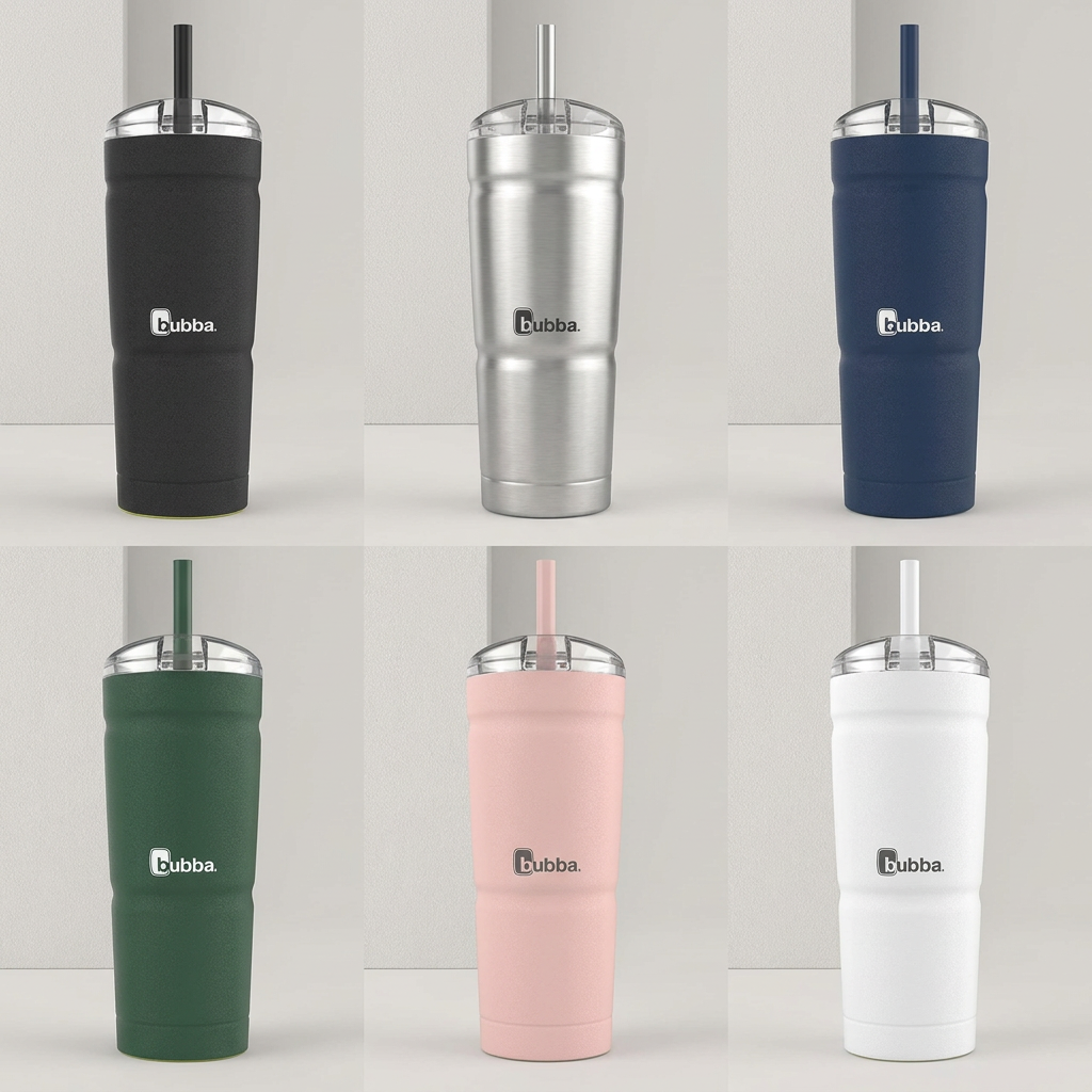 A premium 2x3 grid showing six Bubba Envy S Stainless Steel Tumblers in different colors: Licorice, Stainless Steel, Navy Blue, Forest Green, Blush-Pink, and White, all with straw lids.