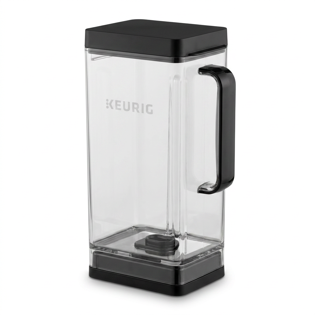 A high-resolution hero shot of the Keurig K-2500 3.25L clear plastic water reservoir with its black lid and handle, centered on a pure white background.