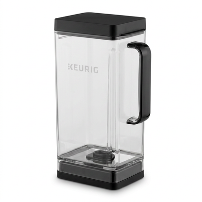 A high-resolution hero shot of the Keurig K-2500 3.25L clear plastic water reservoir with its black lid and handle, centered on a pure white background.