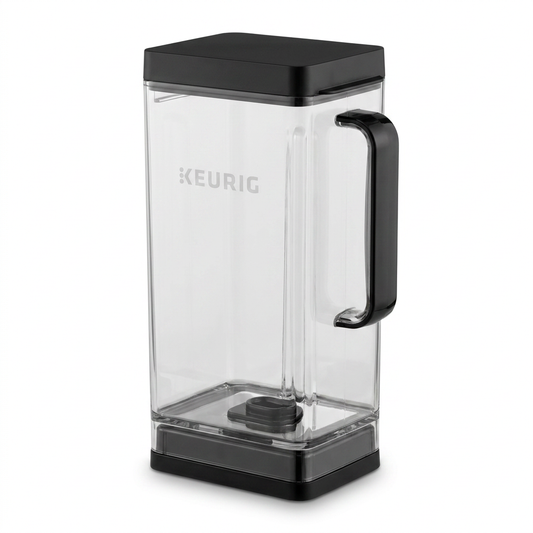 A high-resolution hero shot of the Keurig K-2500 3.25L clear plastic water reservoir with its black lid and handle, centered on a pure white background.