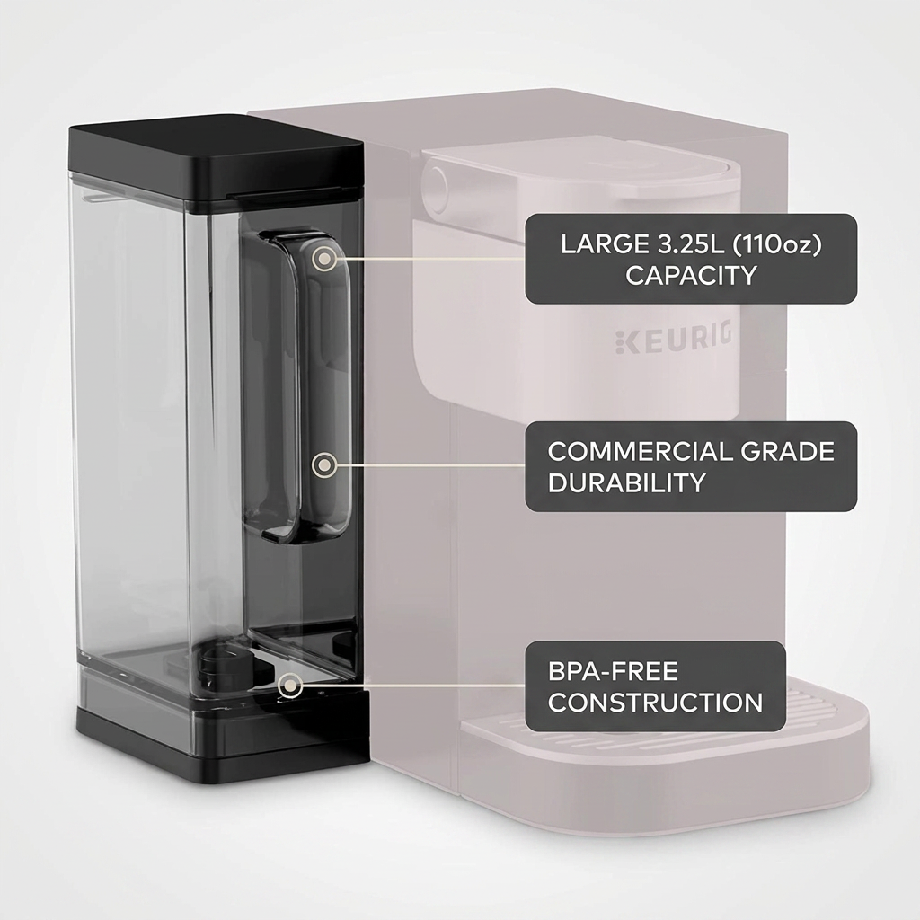 Keurig K-2500 brewer with callouts highlighting the 3.25L capacity, commercial grade durability, and BPA-free construction of its large reservoir.