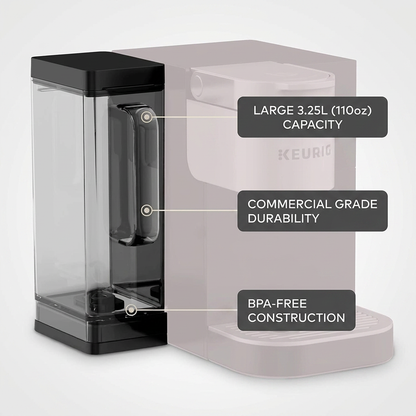 Keurig K-2500 brewer with callouts highlighting the 3.25L capacity, commercial grade durability, and BPA-free construction of its large reservoir.