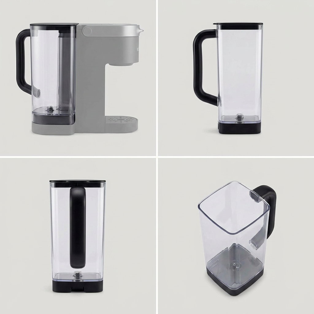 A four-panel visual matrix displaying the Keurig K-2500 water reservoir from multiple angles, including side, front, and top-down views.