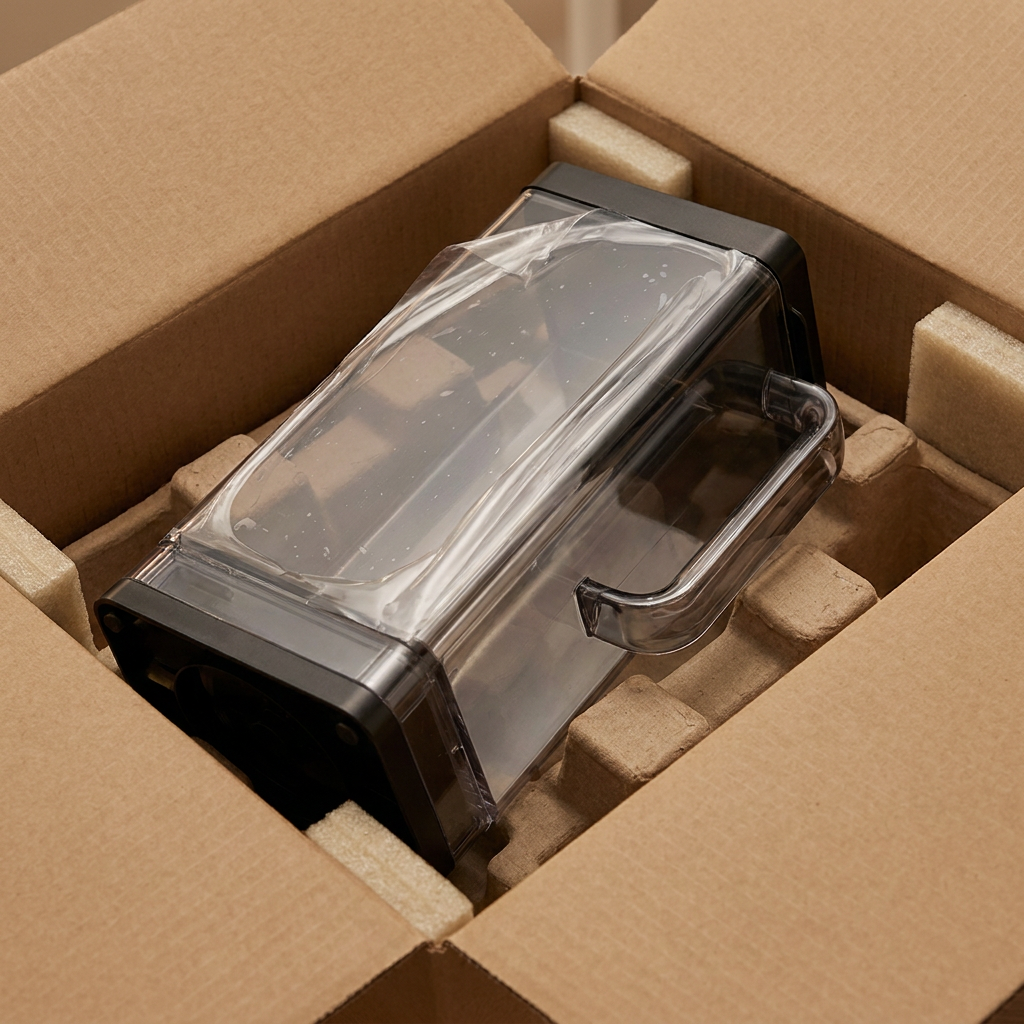 A Keurig K-2500 reservoir is securely packed in a neutral cardboard shipping box with custom molded pulp and foam padding.