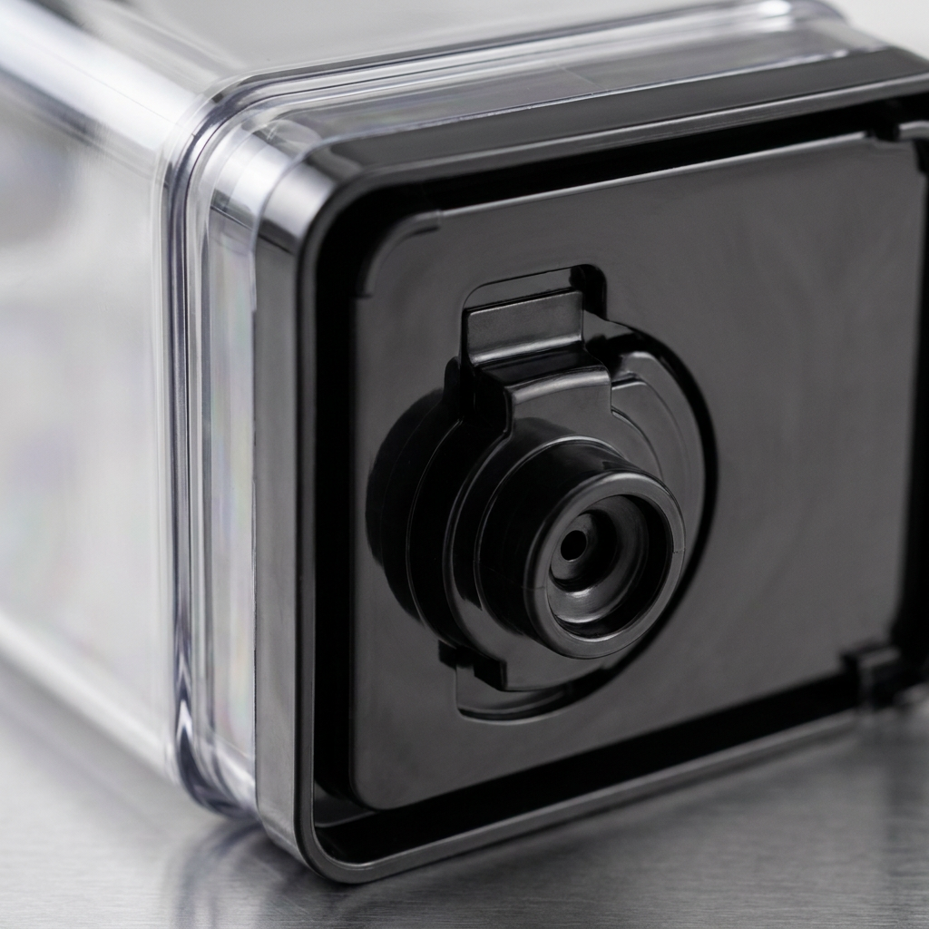 A detailed macro close-up of the plastic connector assembly on the bottom of the Keurig K-2500 water reservoir.