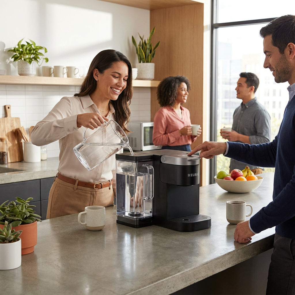 A lifestyle photo of coworkers using the Keurig K-2500 coffee brewer with its large reservoir in a modern office kitchen.