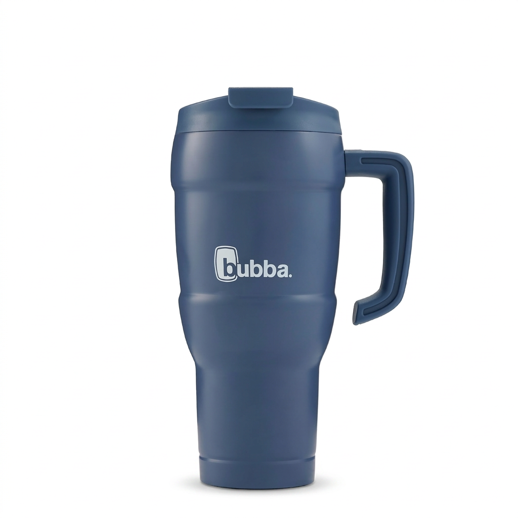 A high-resolution ecommerce hero shot of the indigo bubba Hero XL Tumbler with a handle and lid. The insulated mug is centered on a pure white background with a soft shadow.