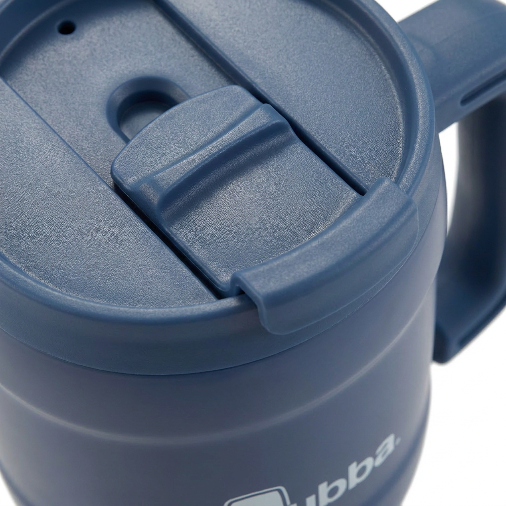 A close-up inspection of the indigo Bubba 2223954 Hero XL Tumbler lid, showing the detailed locking mechanism.