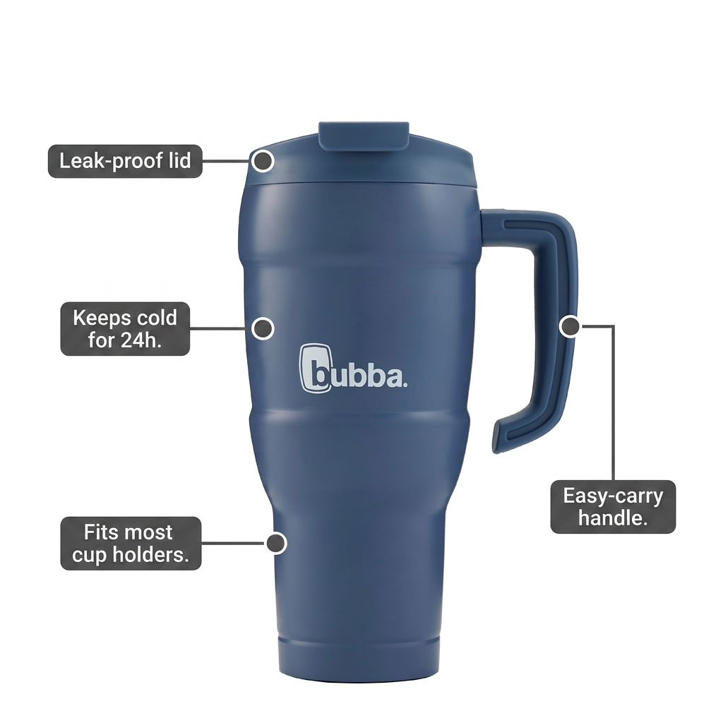 Bubba Hero XL Tumbler feature callout graphic with pointers to leak-proof lid, 24-hour cold retention, cup holder fit, and easy-carry handle.