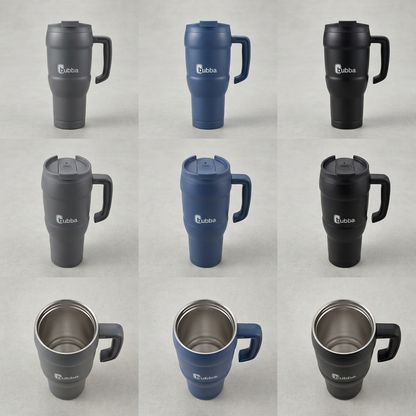 A 3x3 matrix showing the Bubba Hero XL Tumbler in grey, blue, and black, presented from front, top, and drinking angles.