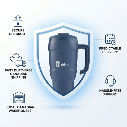 A clean infographic shows the blue bubba tumbler inside a trust shield. Icons and text for secure checkout, duty-free Canadian shipping, local warehouses, predictable delivery, and hassle-free support surround it.