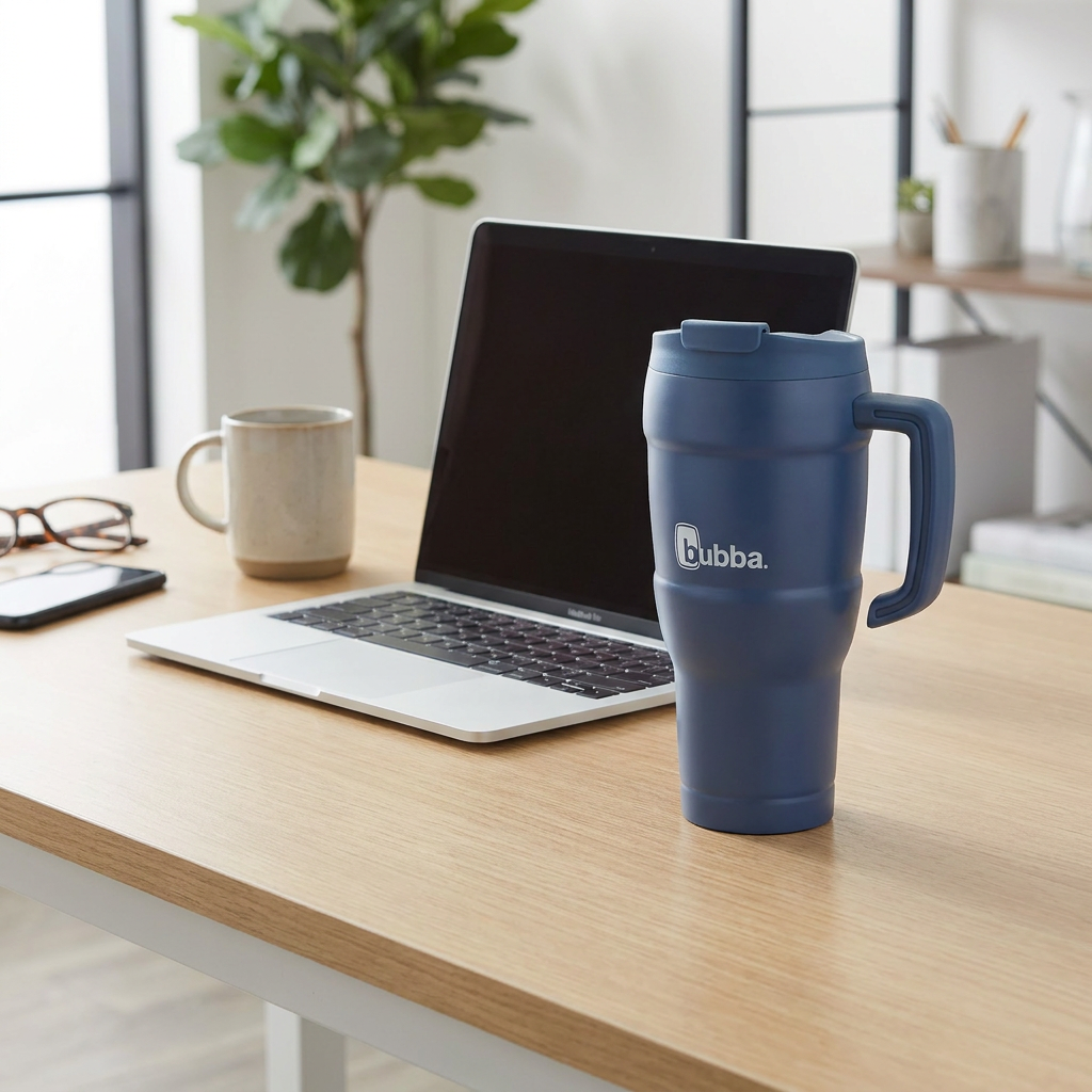 The Bubba Hero XL 24 oz tumbler in indigo is placed on a wooden desk next to a laptop and a ceramic coffee mug, providing a clear scale comparison.