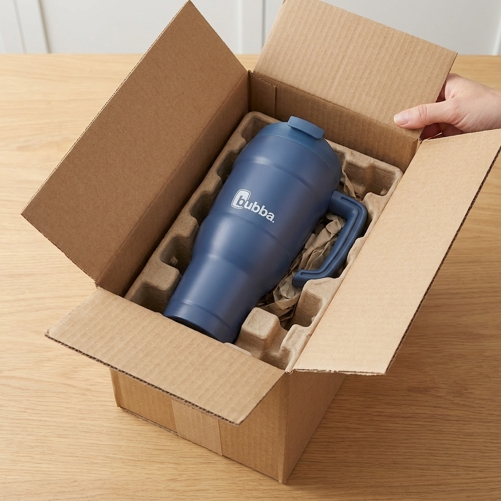 A hand is opening a cardboard shipping box to reveal the indigo Bubba 2223954 Hero XL Tumbler, 24 oz, securely resting in custom molded pulp protective packaging with crumpled paper filler. The scene conveys confident, damage-free delivery.