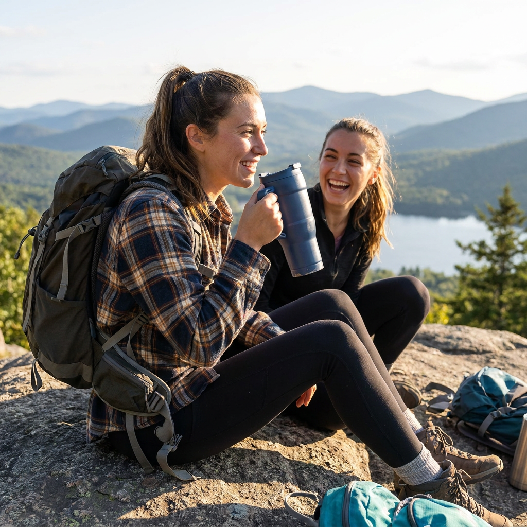 Two hikers on a mountain summit, sharing a laugh. One woman holds the Bubba Hero XL 24 oz Tumbler in Indigo.