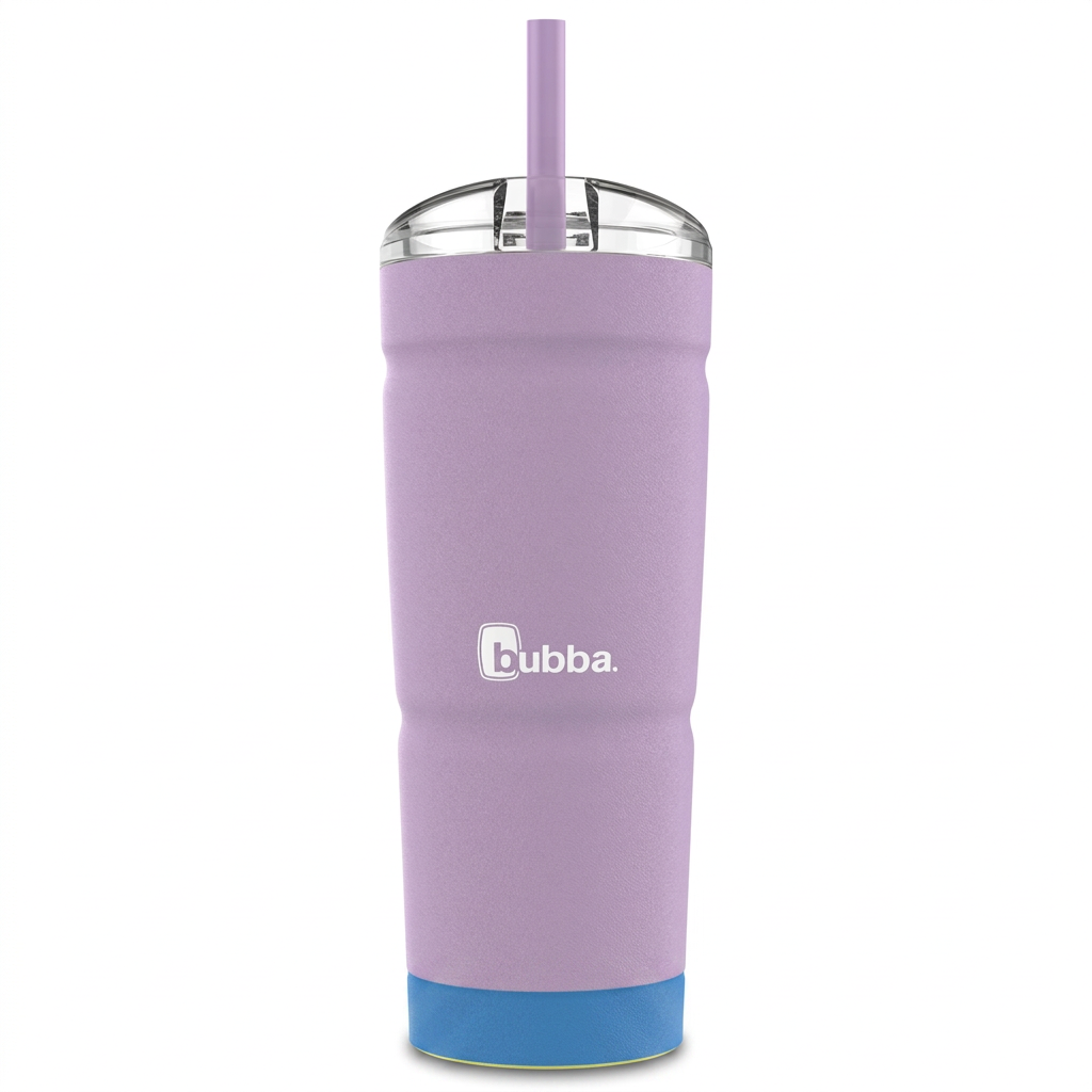 A high-resolution main product photograph of the lavender 24 oz bubba Envy S Stainless Steel Tumbler with a clear lid and lavender straw, centered on a white background.