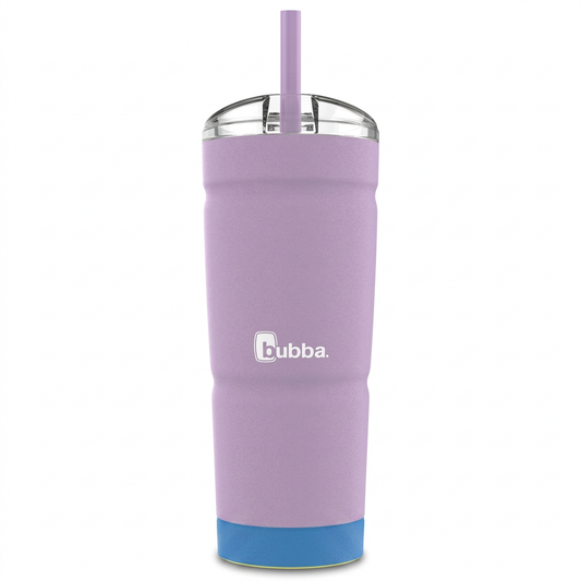 A high-resolution main product photograph of the lavender 24 oz bubba Envy S Stainless Steel Tumbler with a clear lid and lavender straw, centered on a white background.